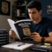 Candidato estudando para o concurso da Polícia Civil da Bahia com livros de Direito e material de preparação sobre as etapas e pontuações do edital.