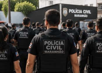 Policiais civis do Maranhão fardados em frente a uma unidade da Polícia Civil, representando o concurso da PC-MA.