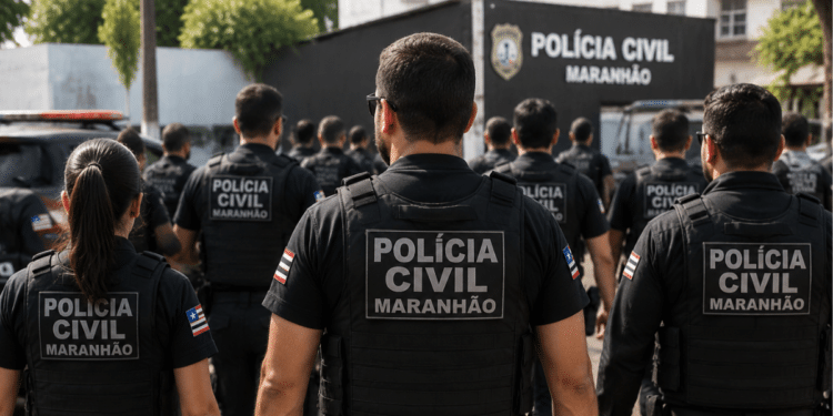 Policiais civis do Maranhão fardados em frente a uma unidade da Polícia Civil, representando o concurso da PC-MA.