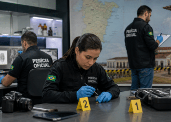 Peritos oficiais analisam evidências em laboratório durante atividade de investigação criminal.