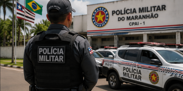 Policial militar em frente ao prédio da Polícia Militar do Maranhão durante divulgação do concurso PM-MA com 1.000 vagas.