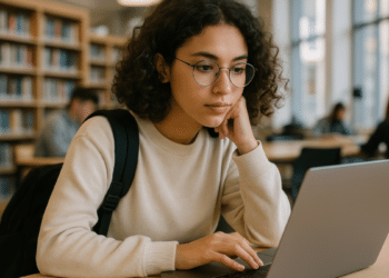 Estudante utilizando computador para acompanhar informações sobre concurso público da Prefeitura de Agudos SP.