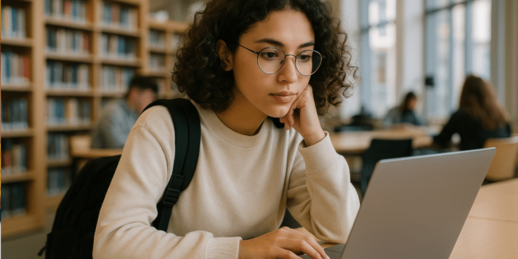 Estudante utilizando computador para acompanhar informações sobre concurso público da Prefeitura de Agudos SP.