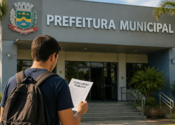 Pessoa segurando documento de concurso público em frente à Prefeitura Municipal de Bálsamo-SP.