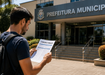 Pessoa segurando edital de concurso público em frente à Prefeitura Municipal de Belo Vale-MG.