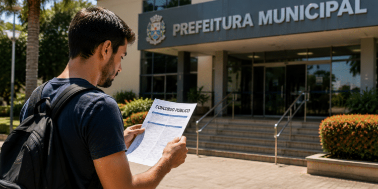 Pessoa segurando edital de concurso público em frente à Prefeitura Municipal de Belo Vale-MG.