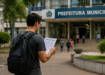 Candidato lendo edital de concurso público em frente à prefeitura municipal, com inscrições abertas e salários de até R$ 8.190.
