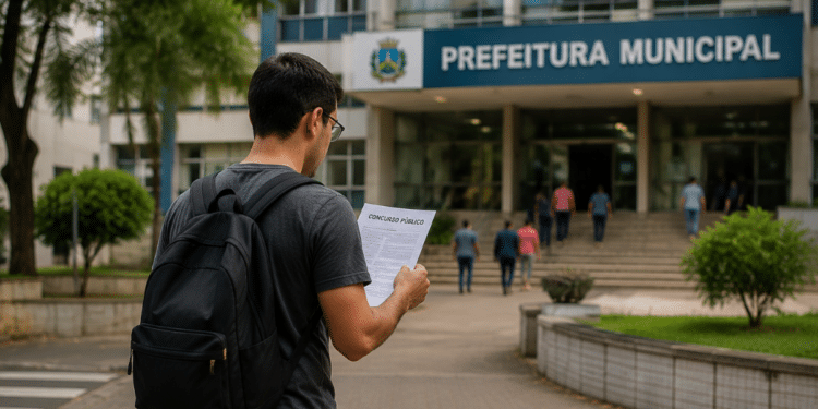Candidato lendo edital de concurso público em frente à prefeitura municipal, com inscrições abertas e salários de até R$ 8.190.