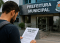 Candidato lendo edital de concurso público em frente à prefeitura municipal, relacionado a seleção na Bahia com quase 400 vagas.