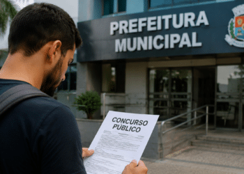 Candidato lendo edital de concurso público em frente à prefeitura municipal, relacionado a seleção na Bahia com quase 400 vagas.