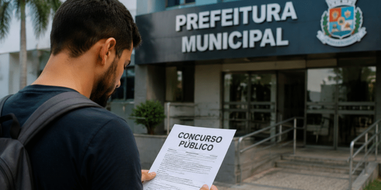 Candidato lendo edital de concurso público em frente à prefeitura municipal, relacionado a seleção na Bahia com quase 400 vagas.