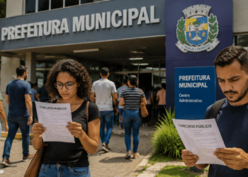 Candidatos lendo documentos de concurso público em frente a uma prefeitura municipal durante período de inscrições.