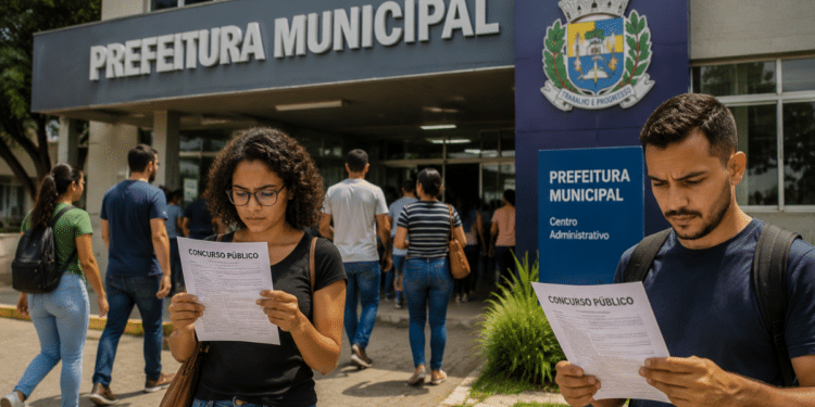 Candidatos lendo documentos de concurso público em frente a uma prefeitura municipal durante período de inscrições.