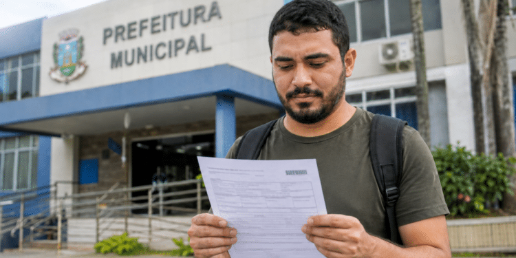Homem lê documento de concurso em frente à Prefeitura Municipal, representando seleção com inscrições abertas na Paraíba.