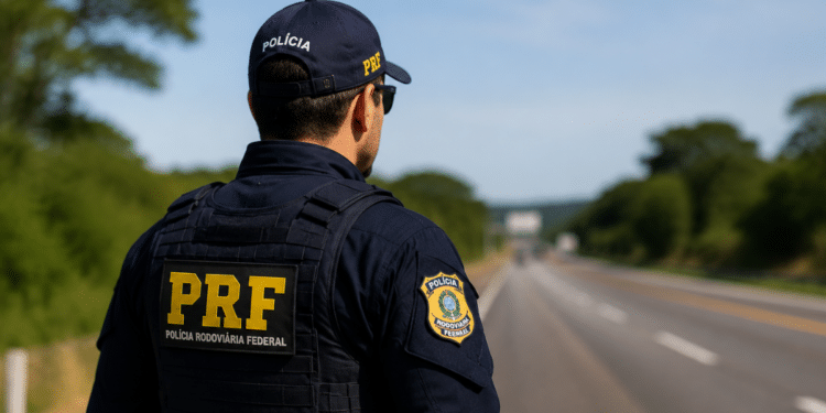 Policial rodoviário federal em rodovia durante fiscalização representando concurso da PRF Administrativo.