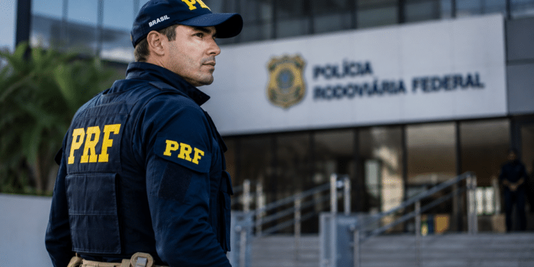 Policial rodoviário federal de costas observa a entrada de um prédio da Polícia Rodoviária Federal