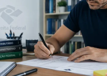 Candidato estudando para o concurso da Receita Federal com livros de direito e documentos sobre a mesa.