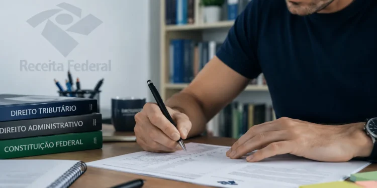 Candidato estudando para o concurso da Receita Federal com livros de direito e documentos sobre a mesa.