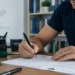 Candidato estudando para o concurso da Receita Federal com livros de direito e documentos sobre a mesa.