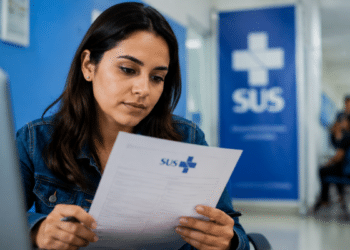 Pessoa analisando documento de inscrição em ambiente de saúde, representando o concurso da Secretaria de Saúde do Tocantins com milhares de vagas.