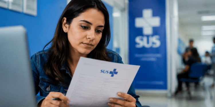 Pessoa analisando documento de inscrição em ambiente de saúde, representando o concurso da Secretaria de Saúde do Tocantins com milhares de vagas.