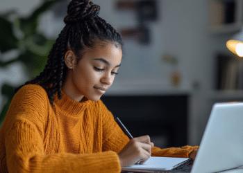 Pessoa estudando com notebook e caderno para concursos públicos com editais de prefeitura e Câmara Municipal.
