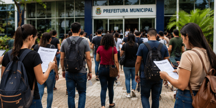 Pessoas caminhando em direção à prefeitura municipal com documentos de concurso público em mãos e celulares, representando oportunidades de empregos no serviço público.