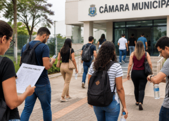 Pessoas chegando à Câmara Municipal para participar de concurso público com documentos em mãos.