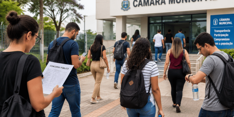Pessoas chegando à Câmara Municipal para participar de concurso público com documentos em mãos.