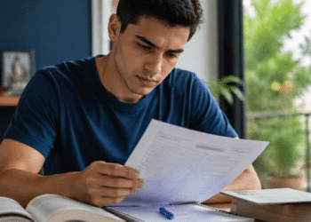 Candidato estudando e analisando edital de concurso público para futuras oportunidades federais.
