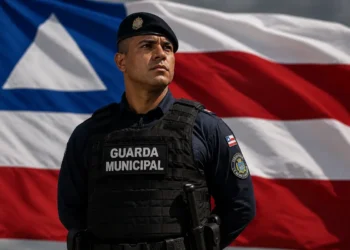 Guarda municipal uniformizado diante da bandeira da Bahia em imagem sobre concursos públicos no estado.