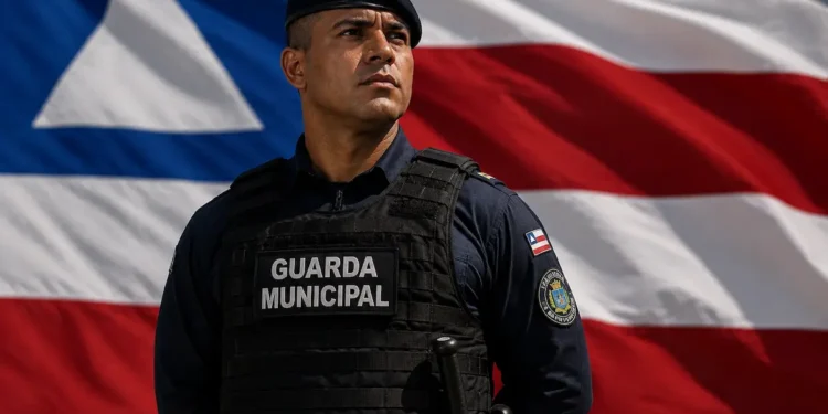 Guarda municipal uniformizado diante da bandeira da Bahia em imagem sobre concursos públicos no estado.