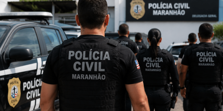 Policiais civis do Maranhão em frente a uma delegacia durante operação, representando os concursos da Polícia Civil MA 2026.
