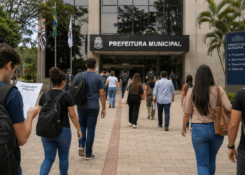 Candidatos caminham em direção à prefeitura com mochilas e documentos de concurso público.