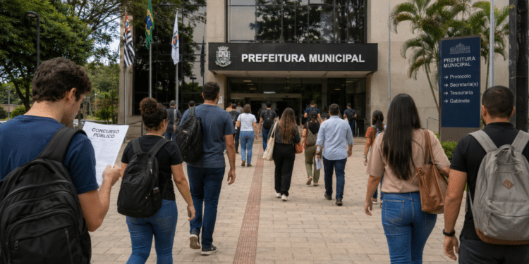 Candidatos caminham em direção à prefeitura com mochilas e documentos de concurso público.