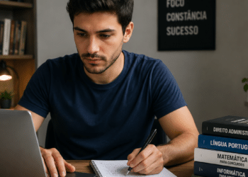 Homem estudando para concursos públicos com notebook e livros de preparação ao lado.