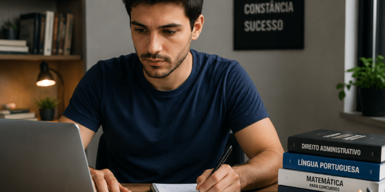 Homem estudando para concursos públicos com notebook e livros de preparação ao lado.