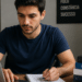 Homem estudando para concursos públicos com notebook e livros de preparação ao lado.