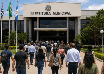 Grupo de pessoas caminhando em direção a uma prefeitura, representando concursos públicos com inscrições abertas em São Paulo e no Rio Grande do Sul.