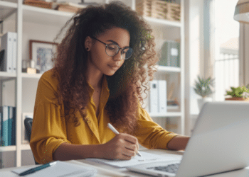 Mulher estuda com notebook e faz anotações para concursos públicos com mais de 500 vagas em diferentes regiões do Brasil.