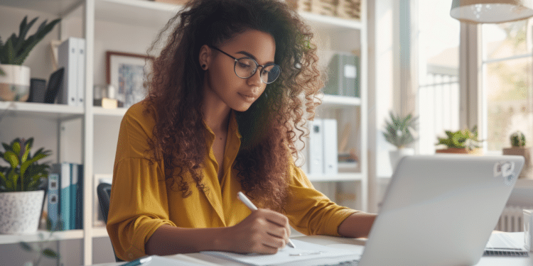 Mulher estuda com notebook e faz anotações para concursos públicos com mais de 500 vagas em diferentes regiões do Brasil.