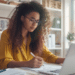 Mulher estuda com notebook e faz anotações para concursos públicos com mais de 500 vagas em diferentes regiões do Brasil.