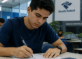 Candidato realiza prova escrita em ambiente institucional com referência a concursos da Receita Federal e Banco Central.