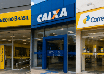 Imagem reúne fachadas do Banco do Brasil, Caixa Econômica Federal e Correios, instituições com concursos públicos federais previstos para abertura de novas vagas.