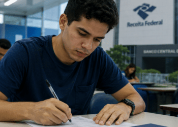 Candidato realiza prova escrita em ambiente institucional com referência a concursos da Receita Federal e Banco Central.