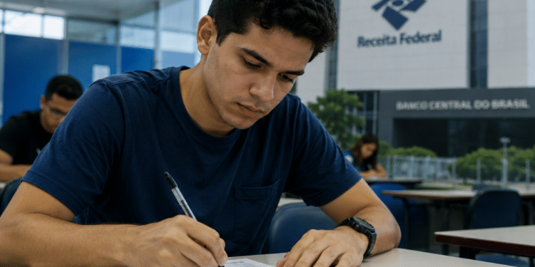 Candidato realiza prova escrita em ambiente institucional com referência a concursos da Receita Federal e Banco Central.