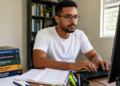 Candidato estuda para concursos públicos no computador, com livros e cadernos de preparação ao lado.