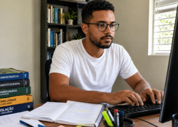 Candidato estuda para concursos públicos no computador, com livros e cadernos de preparação ao lado.