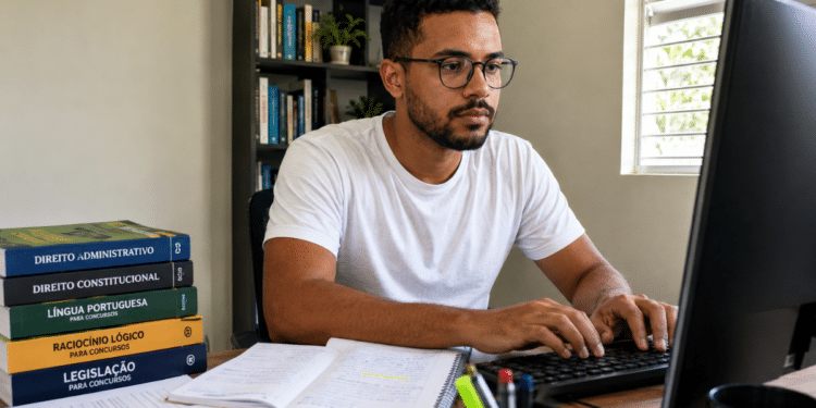 Candidato estuda para concursos públicos no computador, com livros e cadernos de preparação ao lado.