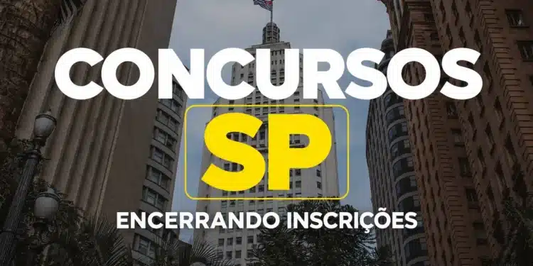 Arte sobre concursos municipais em São Paulo com inscrições perto do fim e salários de até R$ 19.516,05.